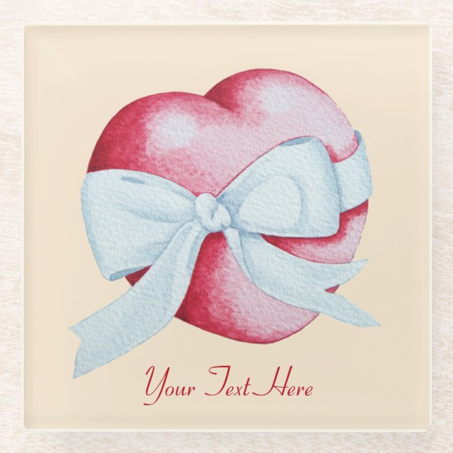red heart tied with white ribbon romantic glass coaster (Front)