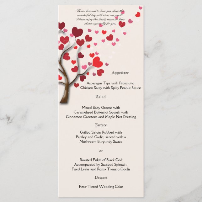 Red Heart Tree on Ivory Wedding Menu (Front)