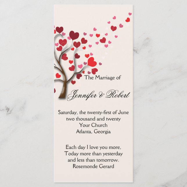 Red Heart Tree on Ivory Wedding Program Programme (Front)