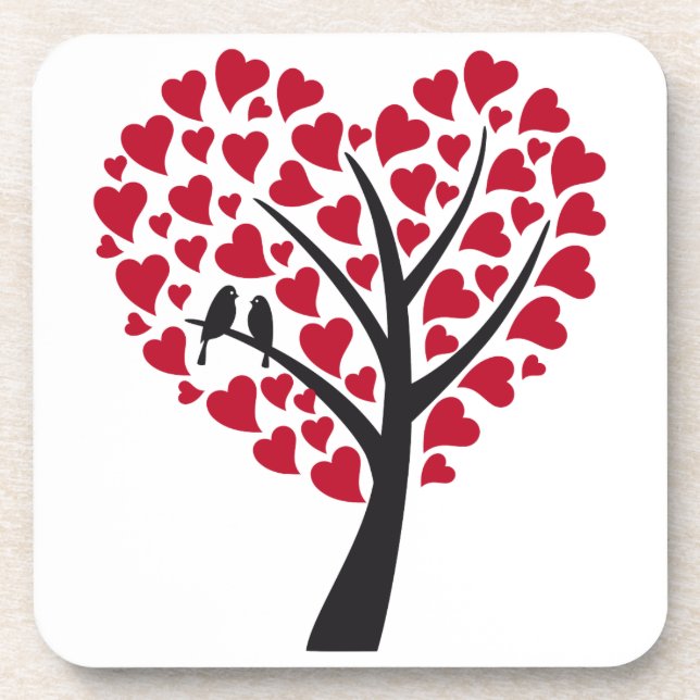 Red heart tree with love birds coaster (Front)