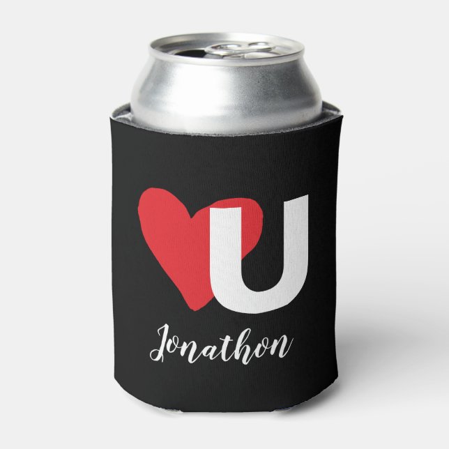 Red Heart U Love Valentine's Day Monogrammed Name Can Cooler (Can Front)