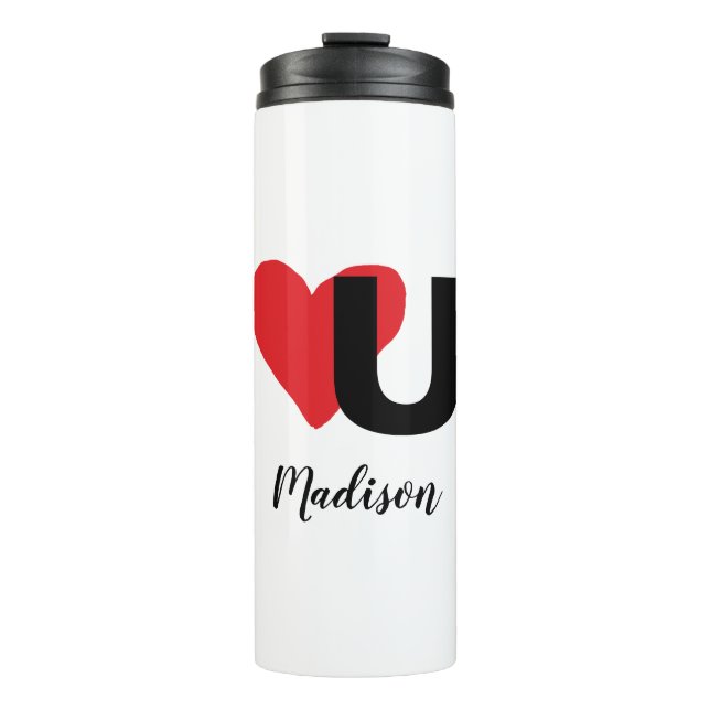 Red Heart U Love Valentine's Day Monogrammed Name Thermal Tumbler (Front)