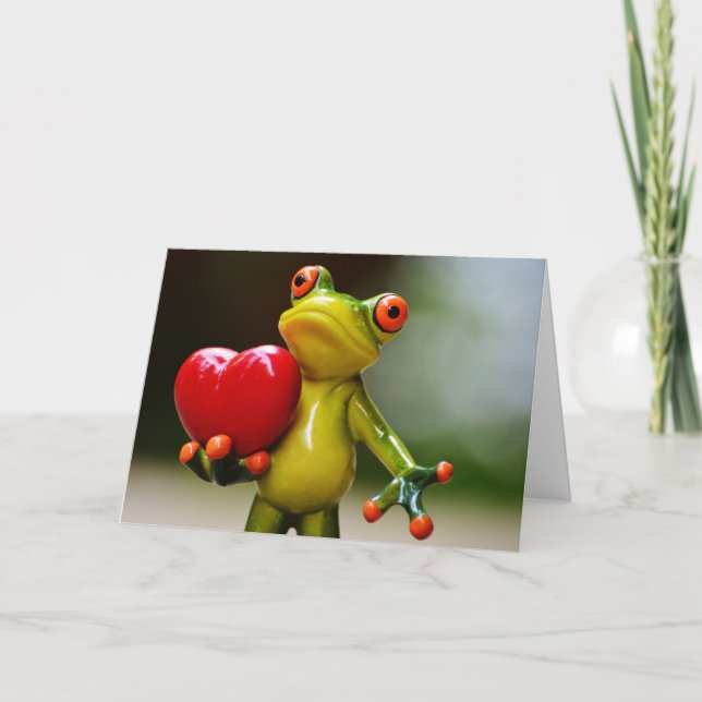 Red Heart Valentine Green Frog Holiday Card (Front)