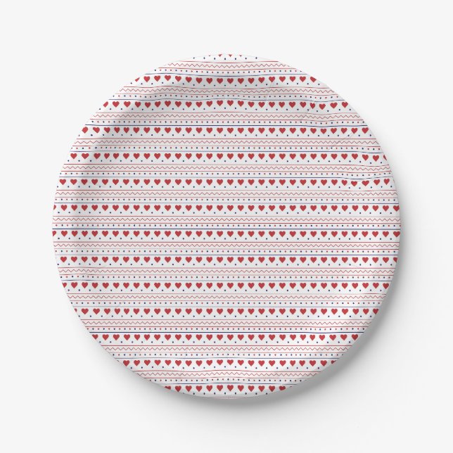 Red heart valentine love pattern paper plate (Front)