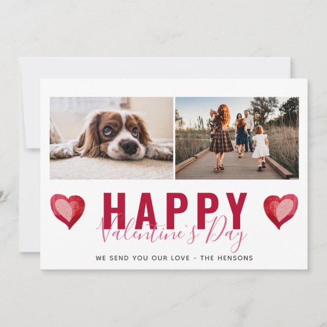 Red Heart Valentine`s Day Script Family Photo Holi Holiday Card (Front)