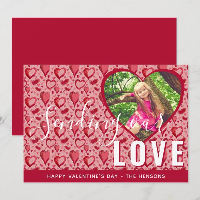 Red Heart Valentine`s Day Script Family Photo Holiday Card (Front/Back)