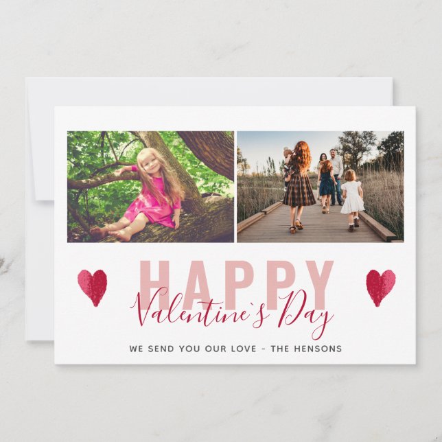 Red Heart Valentine`s Day Script Family Photo Holiday Card (Front)