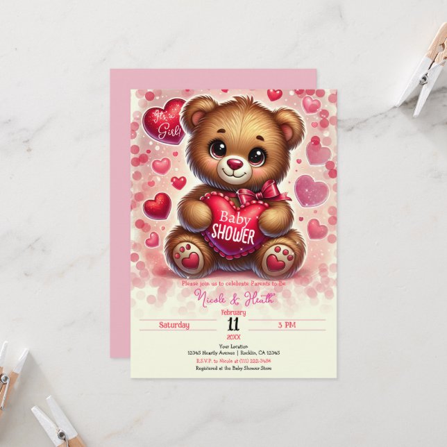 Red Heart Valentine Teddy Bear Baby Shower Invitation (Front/Back In Situ)
