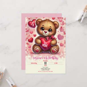 Red Heart Valentine Teddy Bear Birthday Party Invitation