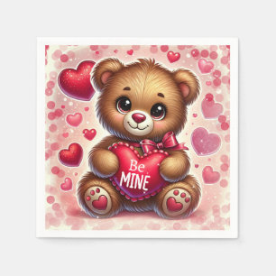 Red Heart Valentine Teddy Bear Birthday Party Napkin