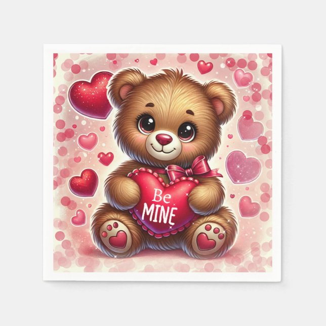 Red Heart Valentine Teddy Bear Birthday Party Napkin (Front)