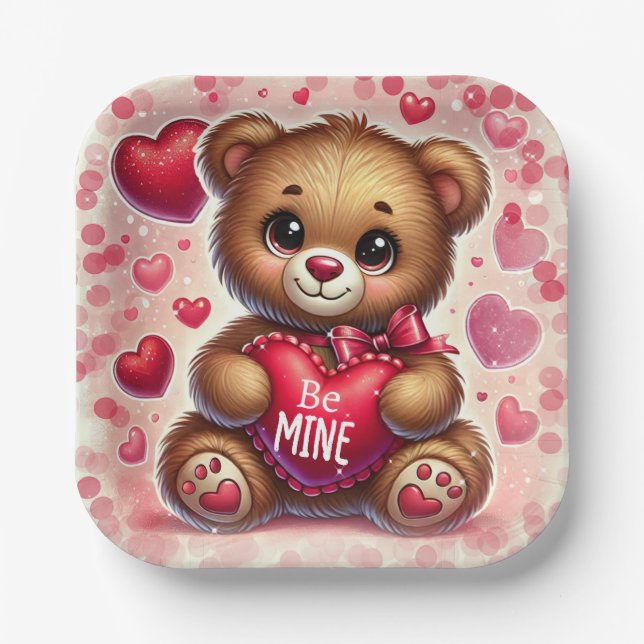 Red Heart Valentine Teddy Bear Birthday Party Paper Plate (Front)