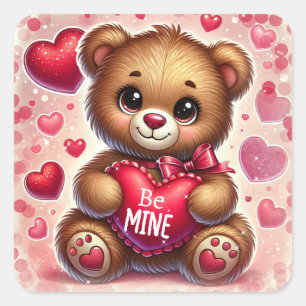 Red Heart Valentine Teddy Bear Birthday Party Square Sticker