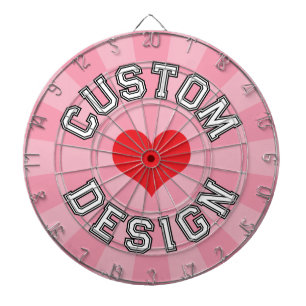 Red Heart, White with Black Outline Text on Pink Dartboard