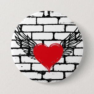 Red Heart with angel wings on a brick wall 7.5 Cm Round Badge