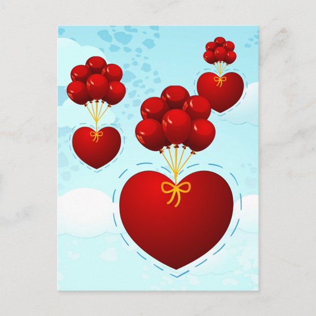 Red heart with balloons, postcard (Front)