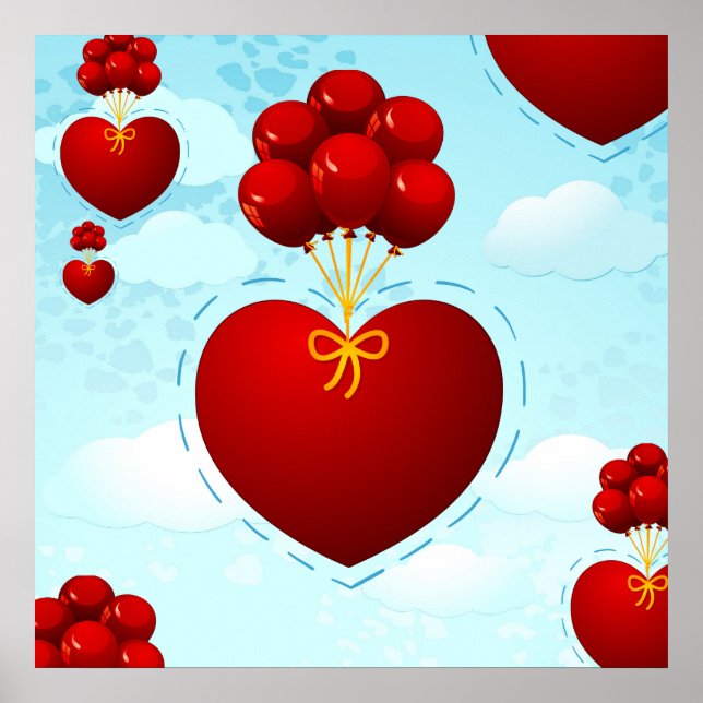 Red heart with balloons, poster (Front)