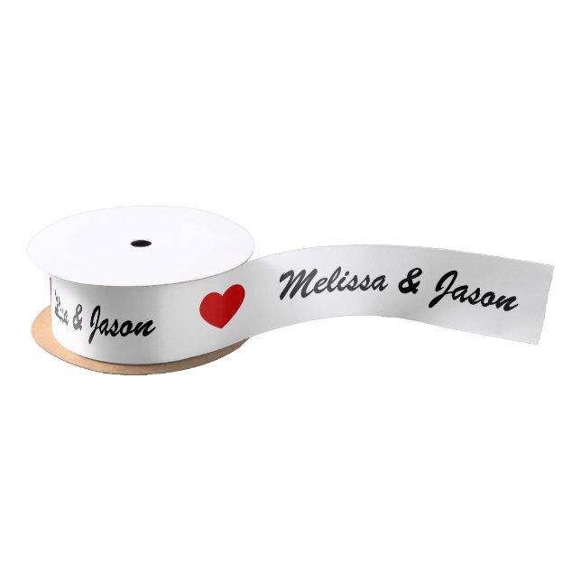 Red Heart With Custom Wedding Couple Names Satin Ribbon (Spool)