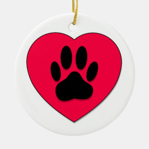 Red Heart With Dog Paw Print Ceramic Tree Decoration