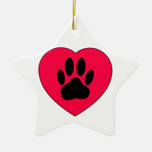 Red Heart With Dog Paw Print Ceramic Tree Decoration (Front)