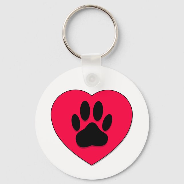 Red Heart With Dog Paw Print Key Ring (Front)