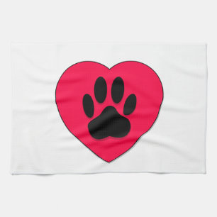 Red Heart With Dog Paw Print Tea Towel