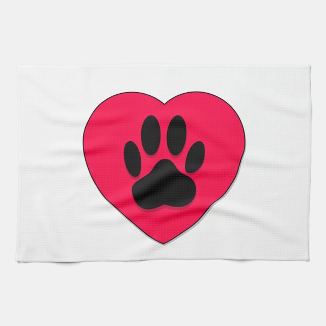 Red Heart With Dog Paw Print Tea Towel (Horizontal)