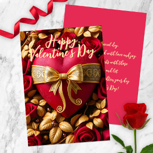 Red Heart with Golden Ribbon and Roses Valentine's Card