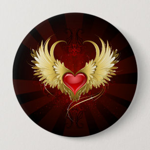 Red Heart with Golden Wings 10 Cm Round Badge