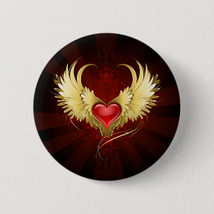 Red Heart with Golden Wings 6 Cm Round Badge