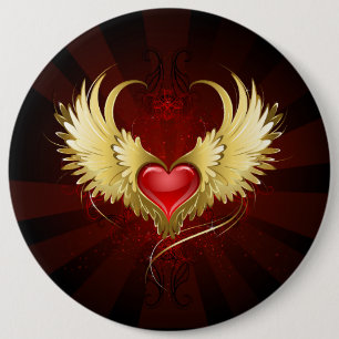 Red Heart with Golden Wings 6 Cm Round Badge