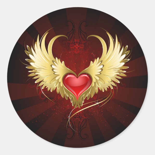 Red Heart with Golden Wings Classic Round Sticker (Front)