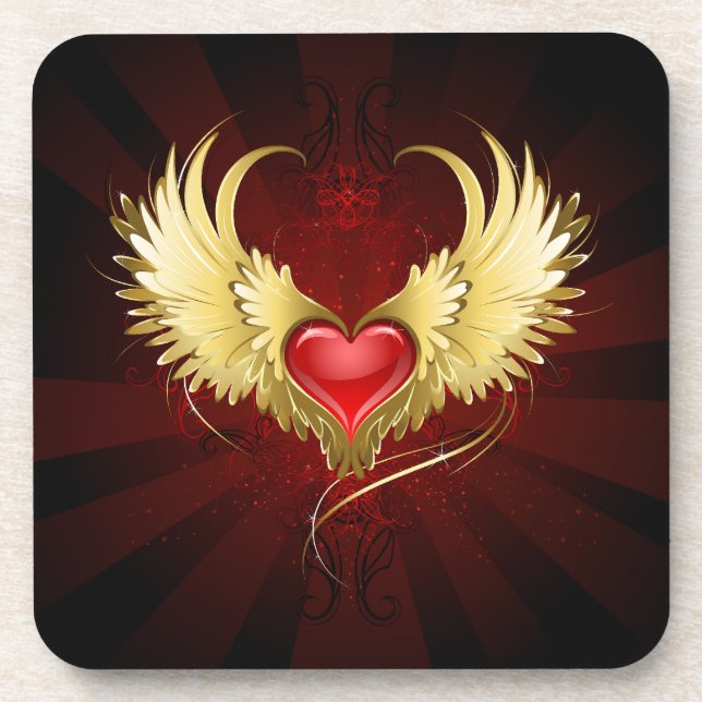 Red Heart with Golden Wings Coaster (Front)