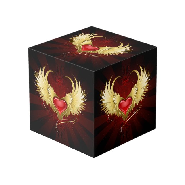 Red Heart with Golden Wings Cube (Front Angled)