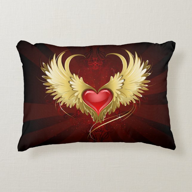 Red Heart with Golden Wings Decorative Cushion (Front)
