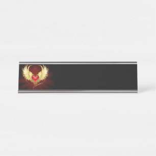 Red Heart with Golden Wings Desk Name Plate