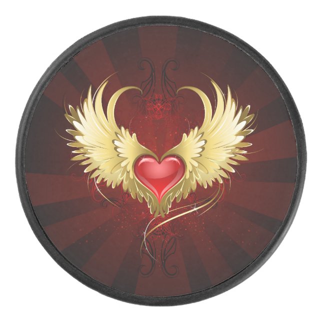 Red Heart with Golden Wings Hockey Puck (Front)