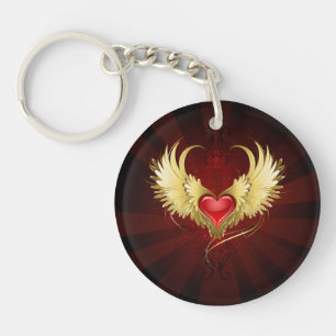 Red Heart with Golden Wings Key Ring