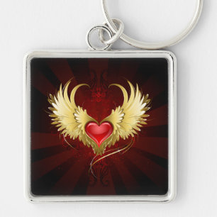 Red Heart with Golden Wings Key Ring