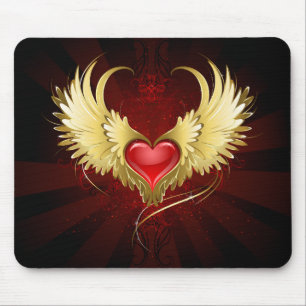 Red Heart with Golden Wings Mouse Mat