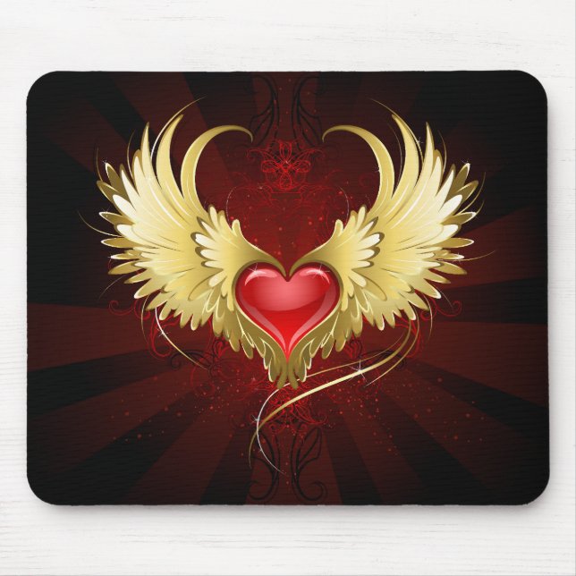 Red Heart with Golden Wings Mouse Mat (Front)