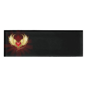 Red Heart with Golden Wings Name Tag