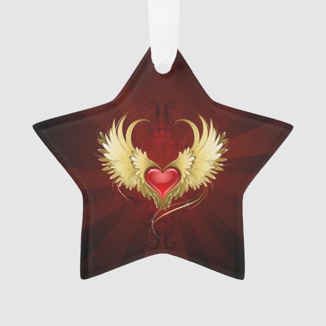 Red Heart with Golden Wings Ornament (Front)