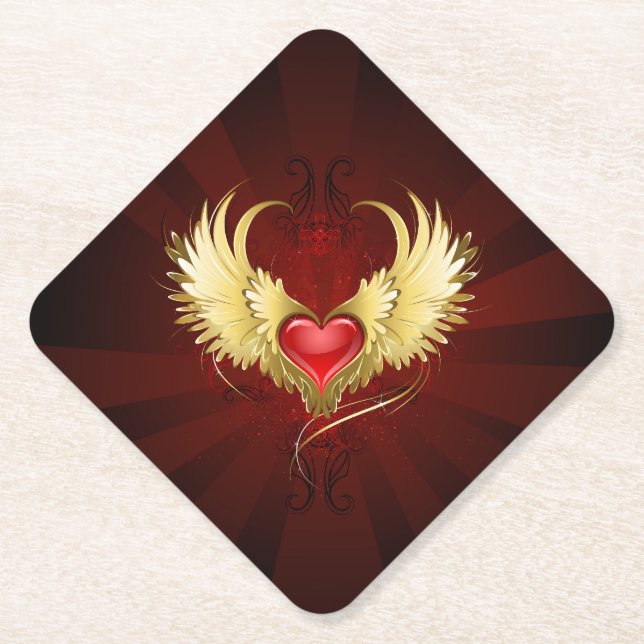 Red Heart with Golden Wings Paper Coaster (Front)