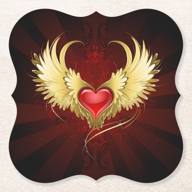 Red Heart with Golden Wings Paper Coaster (Front)