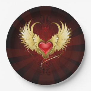 Red Heart with Golden Wings Paper Plate