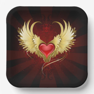 Red Heart with Golden Wings Paper Plate