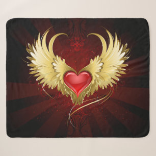 Red Heart with Golden Wings Sherpa Blanket