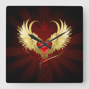Red Heart with Golden Wings Square Wall Clock