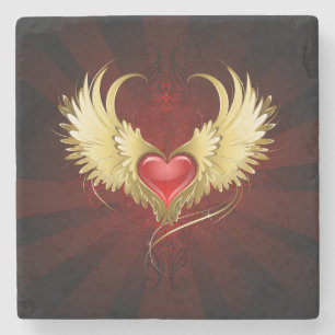 Red Heart with Golden Wings Stone Coaster